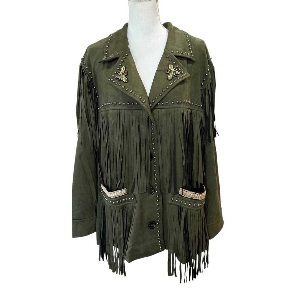 Lesal Upcycled Fringe Jacket Olive Green Beaded Floral Western Boho - Picture 2 of 12